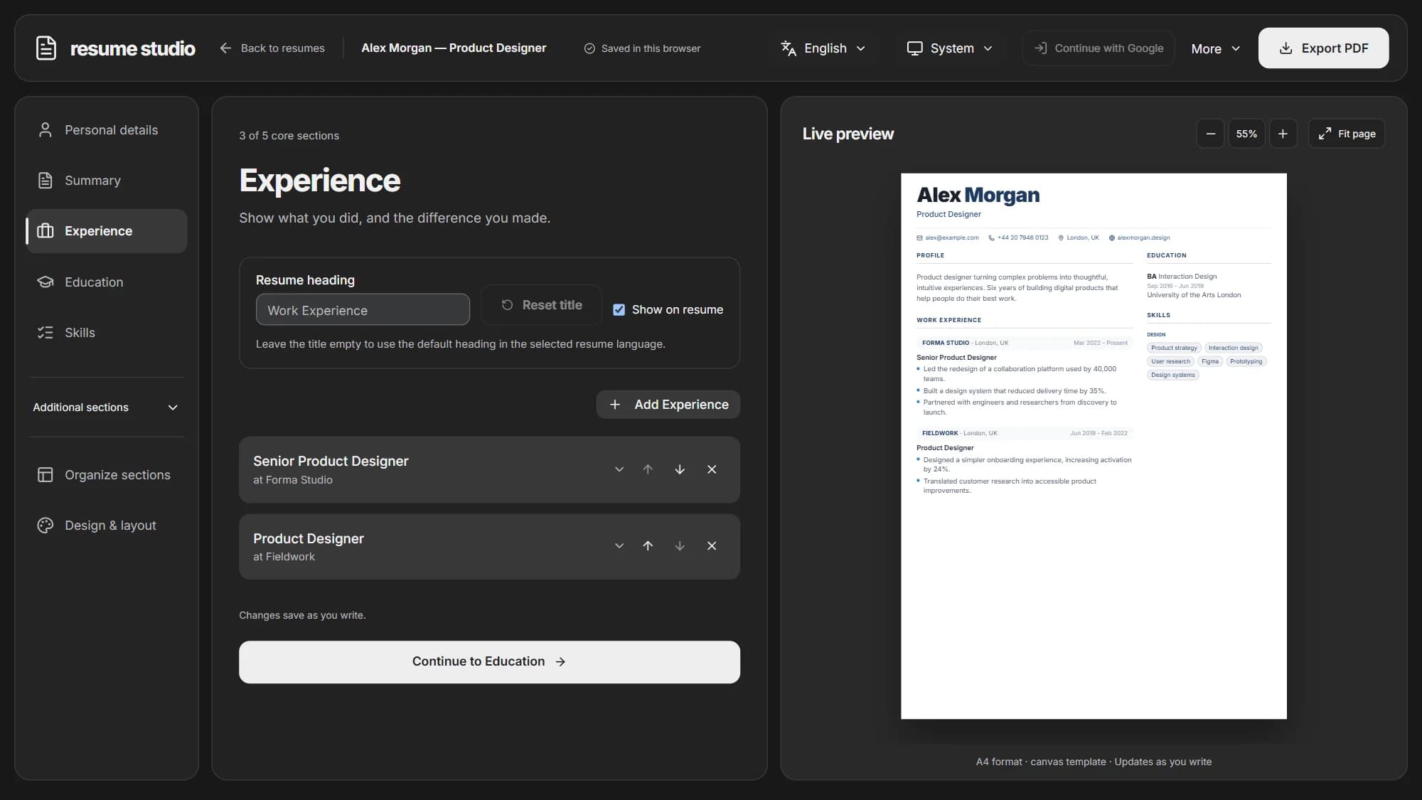 Resume Studio product screen