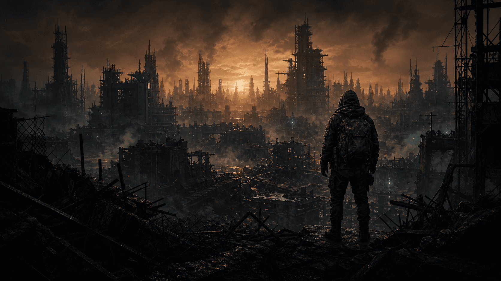 Post-apocalyptic ruined city with a lone developer silhouette