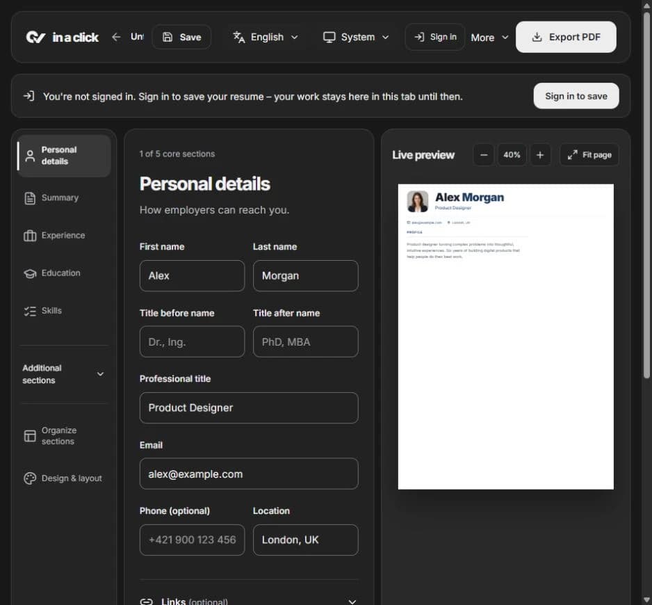 CV in a Click screen 4