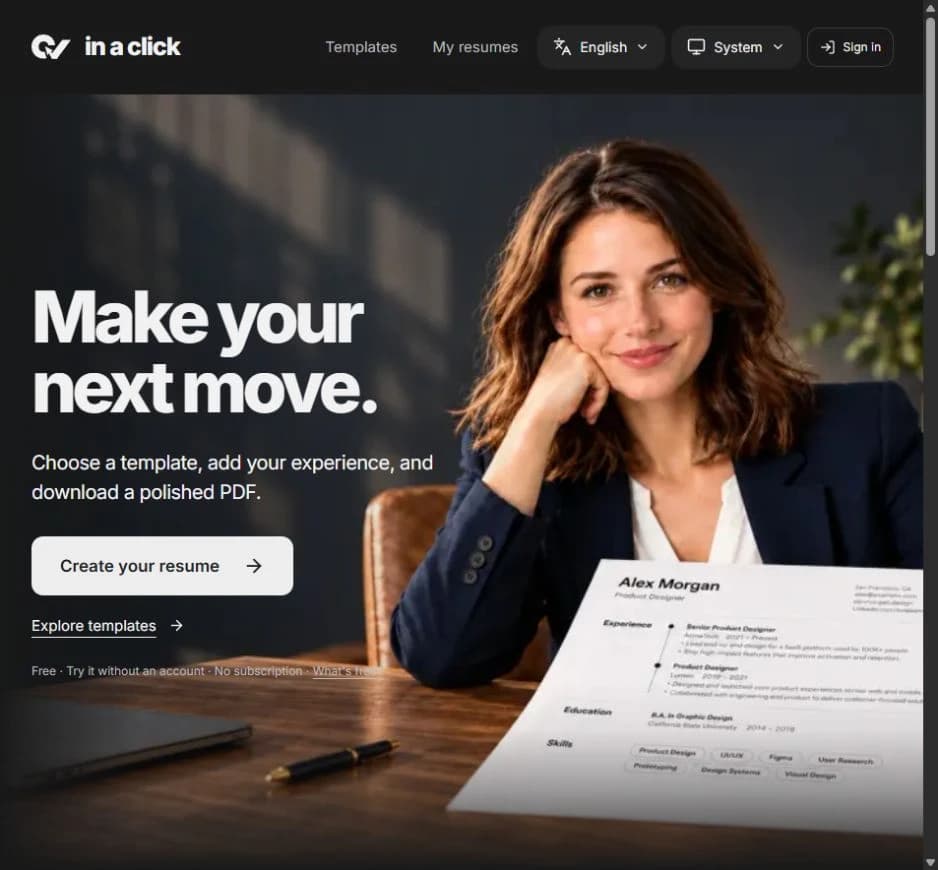 CV in a Click product screen