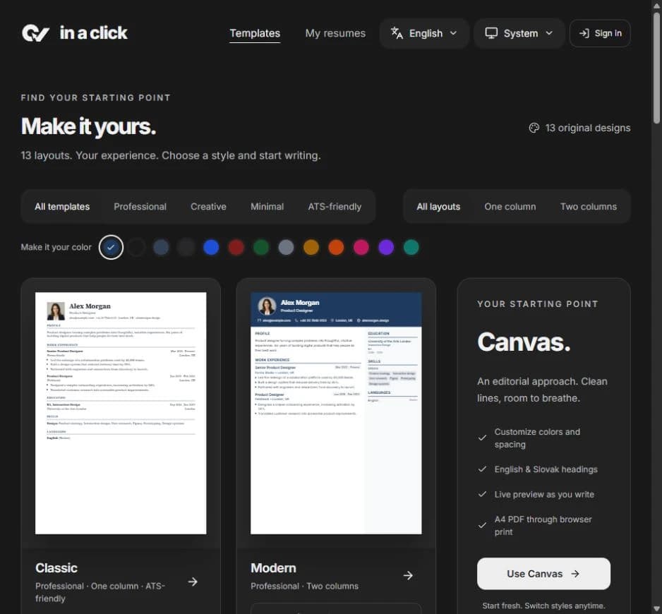 CV in a Click screen 3